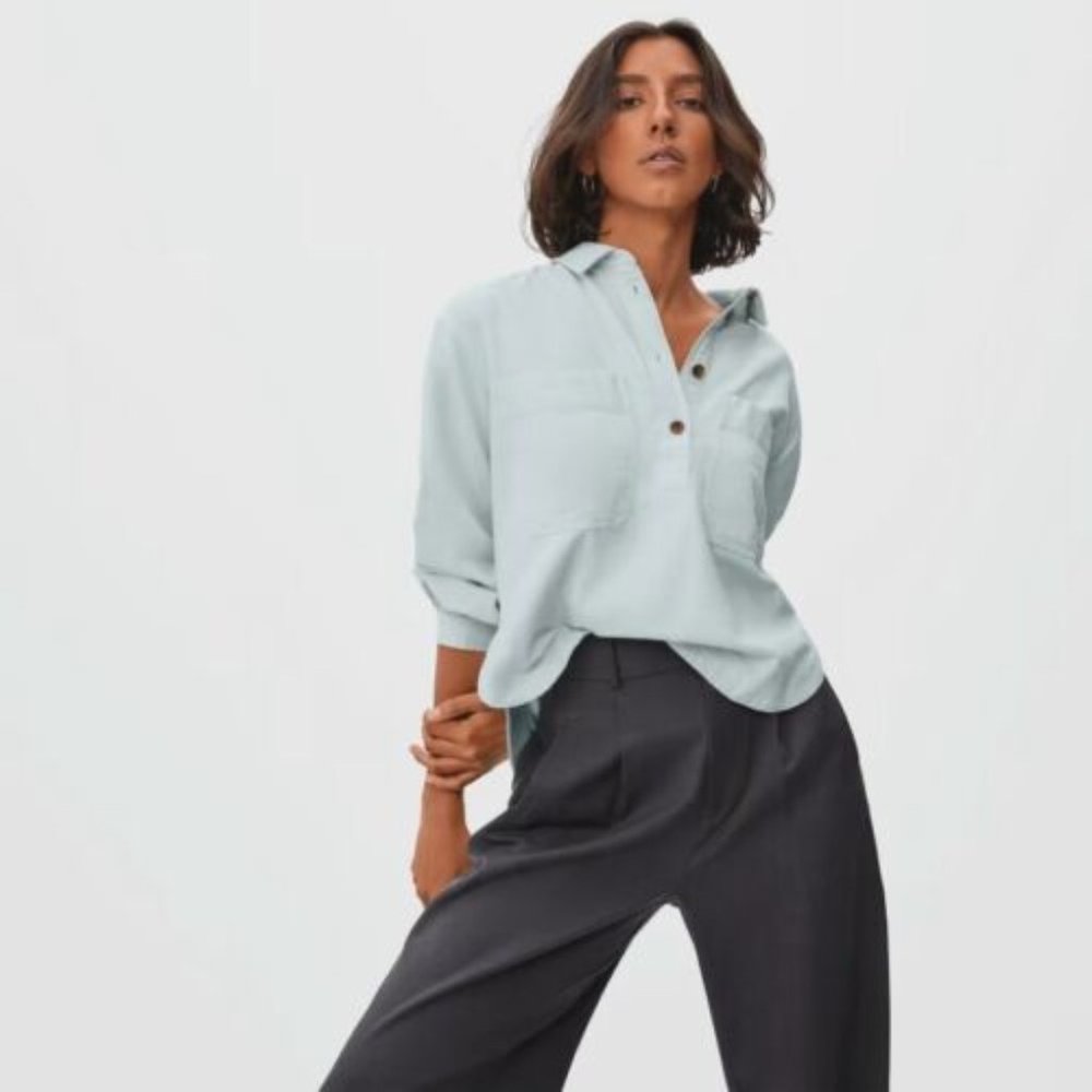 SIZE XXS (OVERSIZED FIT) Everlane the Organic Cotton Flannel Popover - Ice Blue